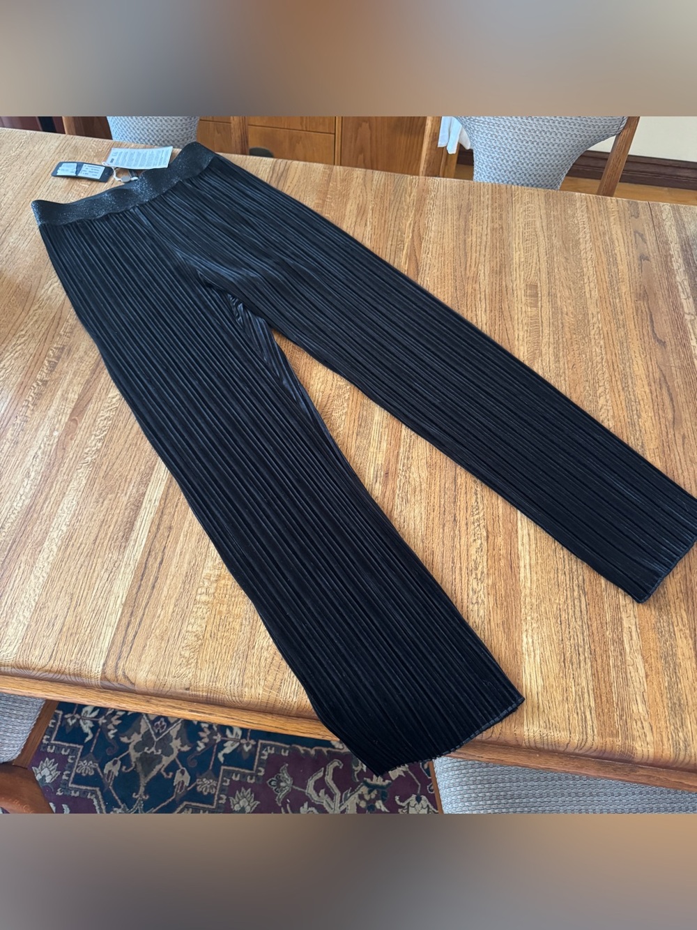 NWT Clips Tricot Black Plissé Pleated Wide Leg Metallic Waistband Pants M